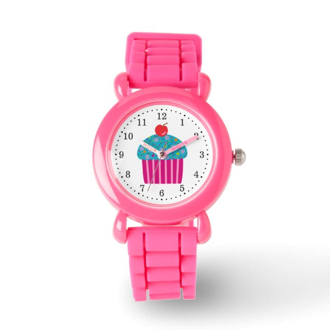 Pink Cupcake with Turquoise Frosting Red Cherry Watch (Front)