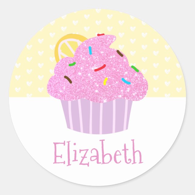 Pink cupcake yellow hearts name cute modern school classic round sticker (Front)