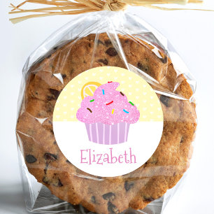 Pink cupcake yellow hearts name cute modern school classic round sticker