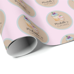 Pink CupCakes And Fruits Watercolor Wrapping Paper