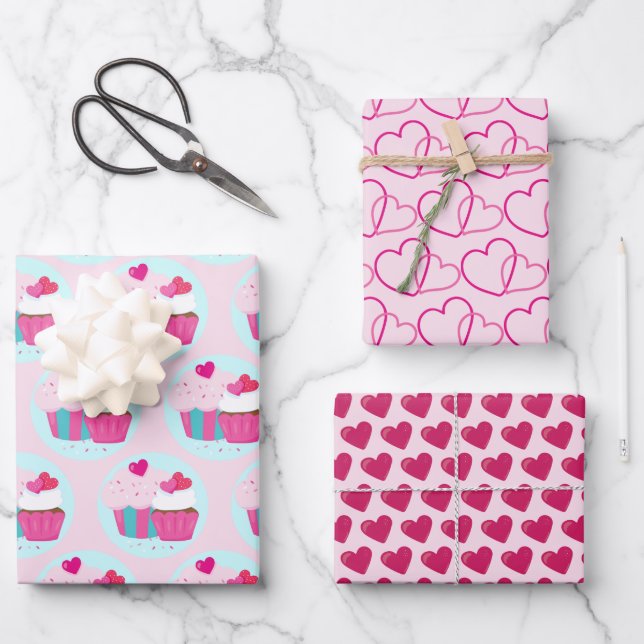 Pink Cupcakes and Hearts Wrapping Paper Sheet (Front)