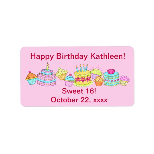 Pink Cupcakes /Cake Happy Birthday Sweet 16 Address Label