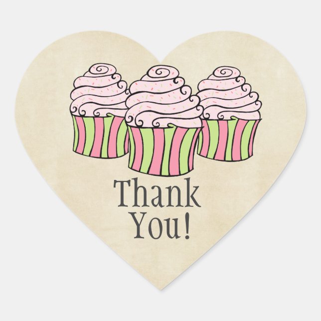 Pink Cupcakes Heart Thank You Label Sticker (Front)