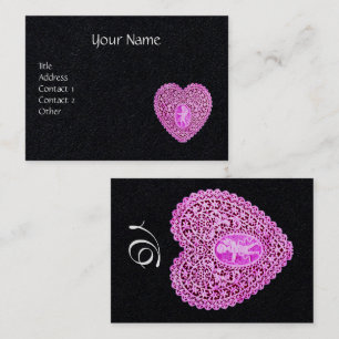 PINK CUPID LACE HEART MONOGRAM Black Paper Business Card