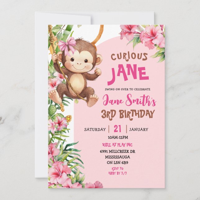 Pink Curious Monkey Safari Theme Birthday Invitation (Front)