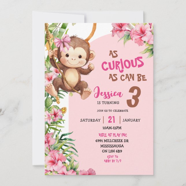 Pink Curious Monkey Savannah Theme Birthday Invitation (Front)