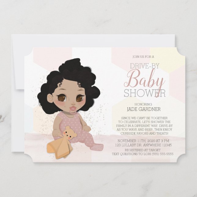 Pink Curly Hair Drive By Baby Shower Invitation 4 (Front)