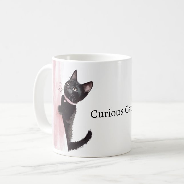 Pink Curtain Curious Cat Coffee Mug (Front Left)