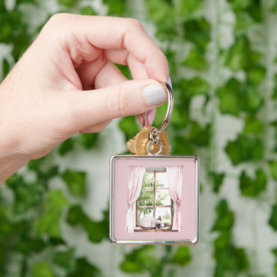 Pink Curtains Cat Nap Window Key Ring
