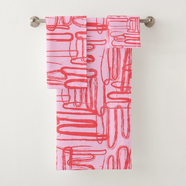 Pink Curve Wavy Squiggle Abstract Modern Bath Towel Set (Insitu)