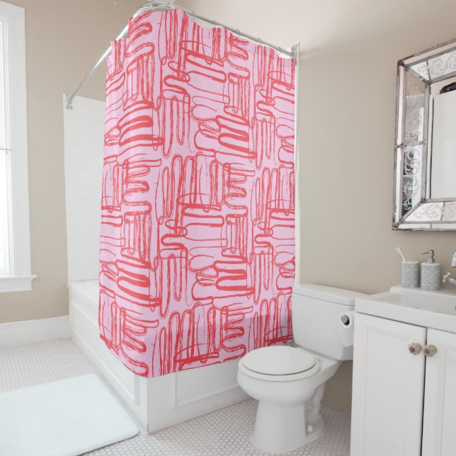 Pink Curve Wavy Squiggle Abstract Modern Shower Curtain (In Situ)