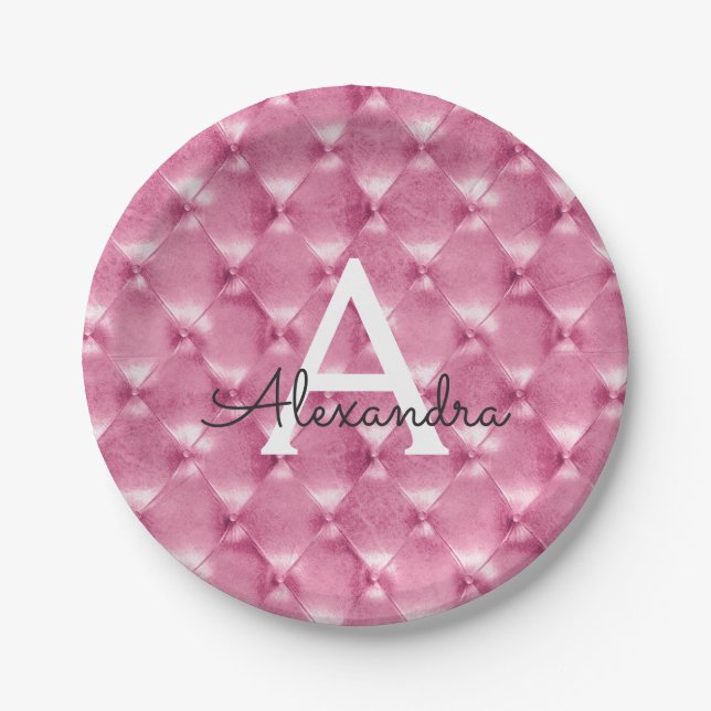 Pink Cushion Monogram Name and Initial Paper Plate (Front)