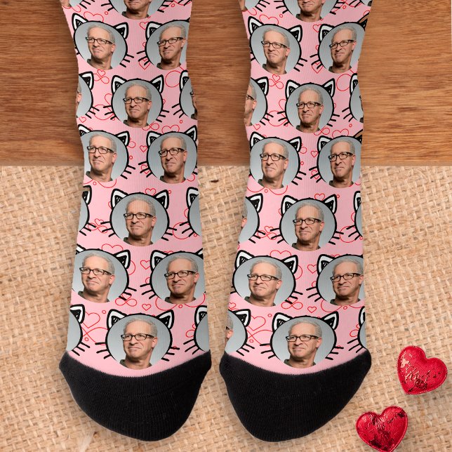 Pink Custom Boyfriend Girlfriend Photo Cat Face Socks (Creator Uploaded)