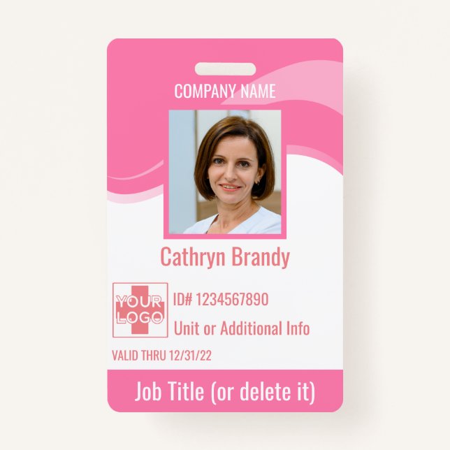 Pink custom Employee Security Id, logo, Bar Code ID Badge (Front)