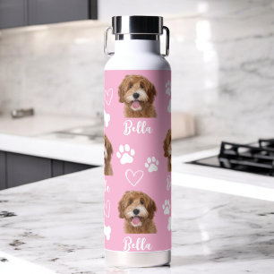 Pink Custom Love Paw Print Dog Lover Pet Photo Water Bottle
