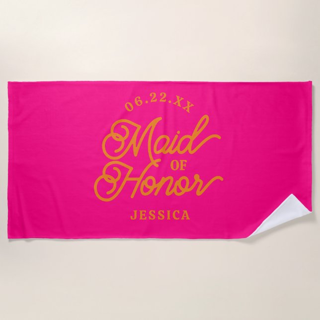 Pink Custom Minimalist Maid of Honour Beach Towel (Front)