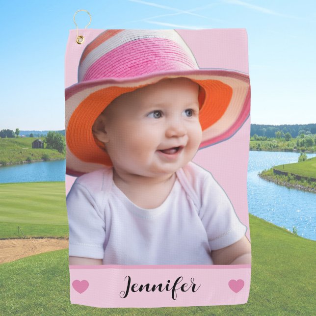 Pink Custom Name and Photo Personalized Golf Towel (Creator Uploaded)
