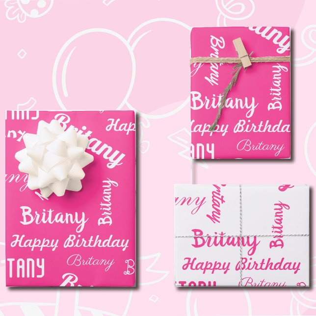 PINK Custom NAME Happy Birthday Girl's Gift 3 Wrapping Paper Sheet (Creator Uploaded)