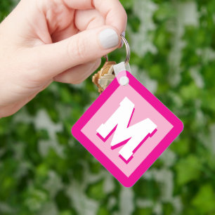 Pink custom name initial monogram square metal key ring
