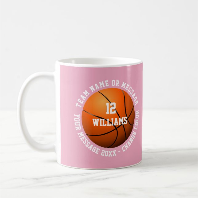 Pink Custom Name Number Team Basketball Coffee Mug (Left)