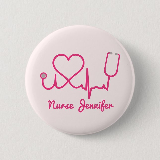 Pink Custom Nurse Name Stethoscope Heart Life Line 6 Cm Round Badge (Front)