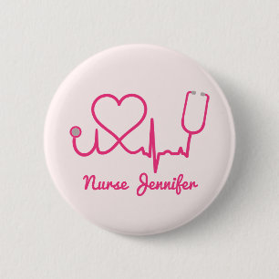 Pink Custom Nurse Name Stethoscope Heart Life Line 6 Cm Round Badge