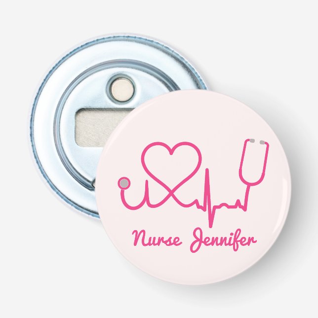 Pink Custom Nurse Name Stethoscope Heart Life Line Bottle Opener (Front)