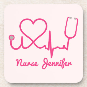 Pink Custom Nurse Name Stethoscope Heart Life Line Coaster