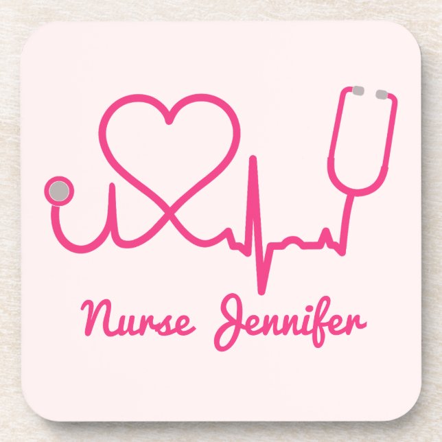 Pink Custom Nurse Name Stethoscope Heart Life Line Coaster (Front)