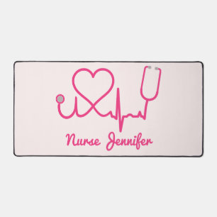 Pink Custom Nurse Name Stethoscope Heart Life Line Desk Mat