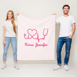 Pink Custom Nurse Name Stethoscope Heart Life Line Fleece Blanket