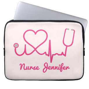 Pink Custom Nurse Name Stethoscope Heart Life Line Laptop Sleeve