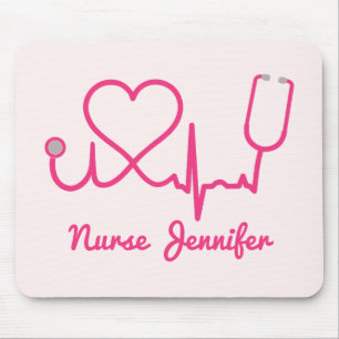 Pink Custom Nurse Name Stethoscope Heart Life Line Mouse Mat