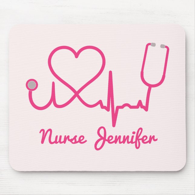 Pink Custom Nurse Name Stethoscope Heart Life Line Mouse Mat (Front)