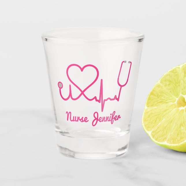 Pink Custom Nurse Name Stethoscope Heart Life Line Shot Glass (Front)