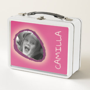 Pink Custom Photo and Name Metal Lunch Box
