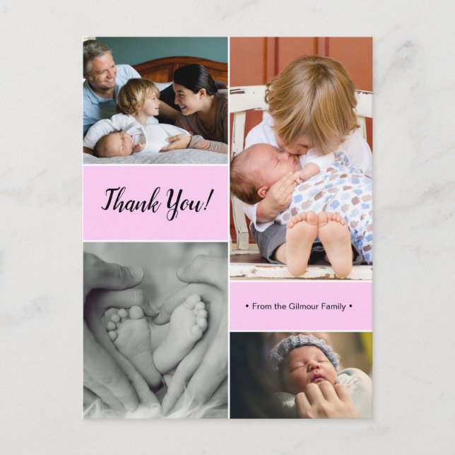 Pink Custom photo collage second baby announcement Postcard (Front)