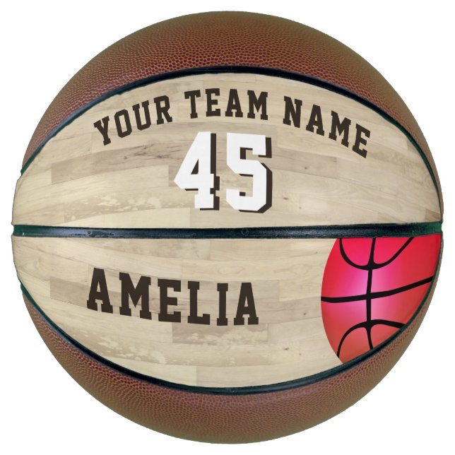 Pink Custom Team Name Number Wood Floor Basketball (Front)