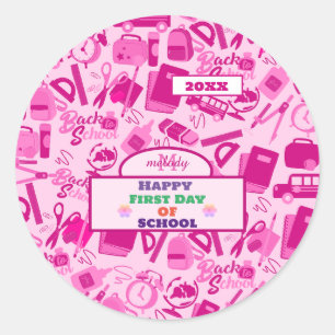 pink Customisable Back to School Pattern Classic Round Sticker