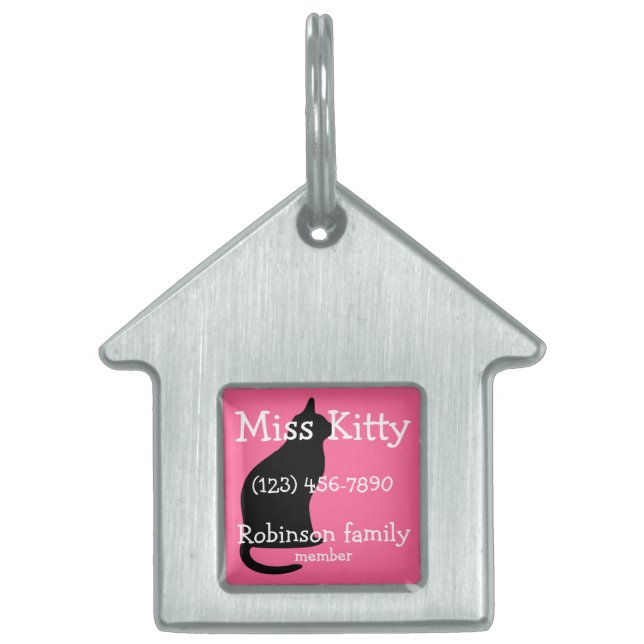 Pink Customisable Pet ID Tag: Cat Silhouette Tag (Front)