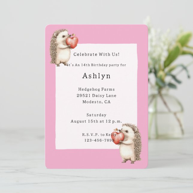 Pink Cute Adorable Hedgehogs Hearts Birthday Invitation (Standing Front)