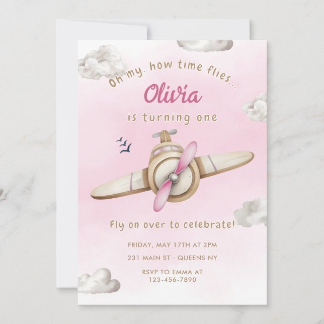 Pink Cute Aeroplane Oh My Time Flies Girl Birthday Invitation (Front)
