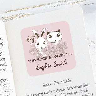 Pink Cute Animal Best Friends Kids Bookplate Square Sticker