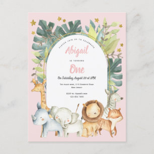 Pink cute animals, jungle safari 1st birthday invitation postcard