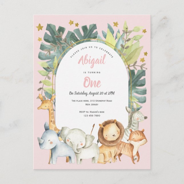 Pink cute animals, jungle safari 1st birthday invitation postcard (Front)