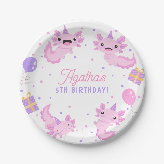 Pink Cute Axolotl Girl Birthday Paper Plate (Front)