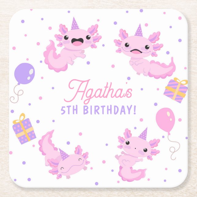 Pink Cute Axolotl Girl Birthday Square Paper Coaster (Front)
