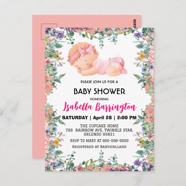 Pink Cute Baby Girl flowers baby shower kids Postcard (Front/Back)