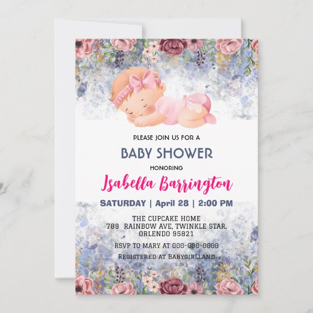 Pink Cute Baby Girl Rose flowers baby shower kids Invitation (Front)