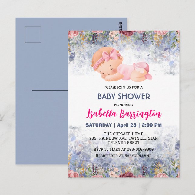 Pink Cute Baby Girl Rose flowers baby shower kids Postcard (Front/Back)